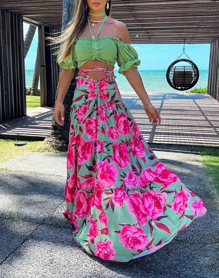 Vestido saia floral e decote ombro a ombro Modix