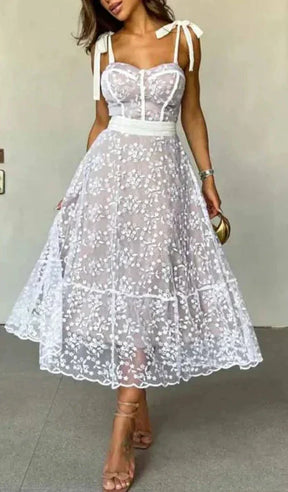 Vestido midi tule alça laço Modix