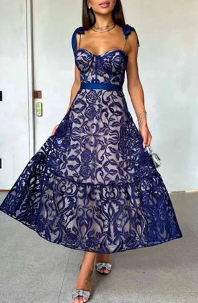 Vestido midi tule alça laço Modix